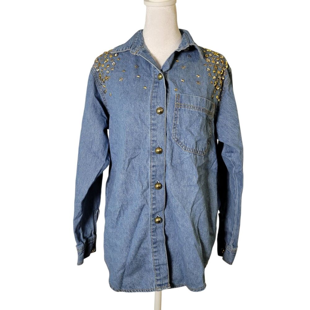 Vtg Monique Jeans Denim Shirt Sz 4 Studded Rhinestone Star Western Cowgirl 90s